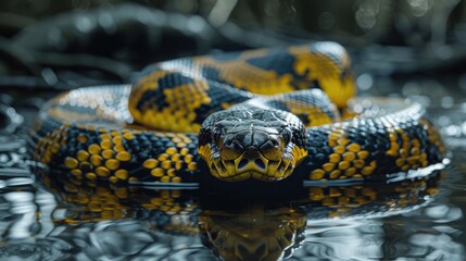 Obraz premium A yellow and black snake resting on a body of water. Suitable for wildlife and nature concepts