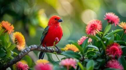A vibrant red hawaii bird perched on the top of a tree branch surrounded by colorful flowers, the background is blurred with green leaves and plants.