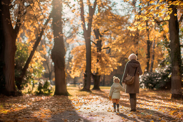 Fototapeta premium A woman and a child are walking in a park with leaves on the ground