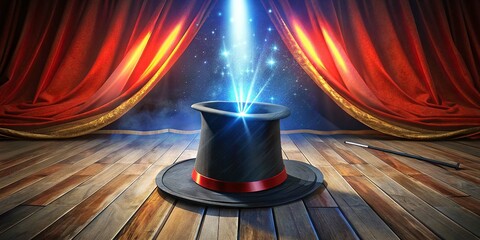 Magician hat. Light rays from a black top hat with a red ribbon and a magic wand. Red curtain with wooden floor.