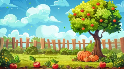 A cartoon fruit and vegetable garden with apple trees, pumpkins, and rootbeets in a backyard surrounded by wood fences. A farming game background.