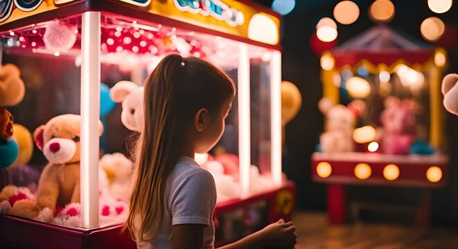 Child playing a hook machine at the fair. Plush toys.