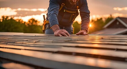 Worker placing the roof of a house.