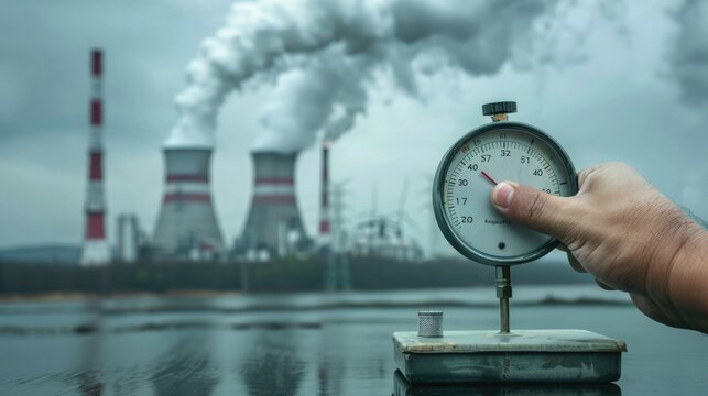 A hand turns a dial from high to low carbon emissions, symbolizing society's shift towards sustainability and efforts to reduce environmental impact for a greener future. Carbon reduction