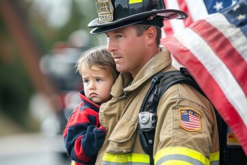 Brave Firefighter Holding a Child in Front of the American Flag