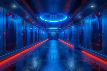 Futuristic Data Center Corridor with Blue and Red Lighting