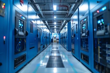 Modern Data Center Aisle with Blue Server Cabinets and High-Tech Equipment