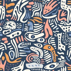Abstract Tribal Art Pattern with Exotic Animal Motifs