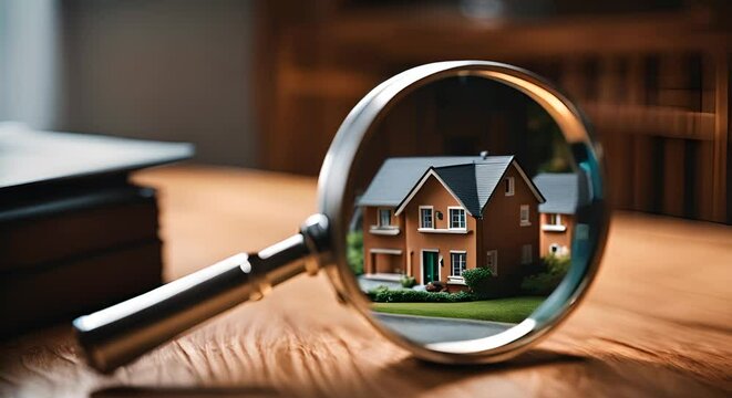 Magnifying glass with a house. Housing search. Real estate.