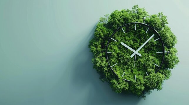 Clock with a single hand moving from a carbon-heavy atmosphere to a green, sustainable world, representing time's role in environmental change. Carbon reduction