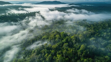 Obraz premium A sea of clouds hovers over a vast forest, showcasing nature's crucial role in carbon capturing and storage for a healthier planet. Carbon reduction