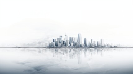 Serene Urban Horizon: A Foggy Cityscape with Towering Skyscrapers Reflecting on Calm Waters