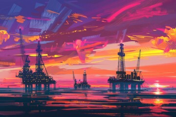 Obraz premium Sunset Silhouettes: Powering Progress with Vibrant Oil Rigs