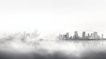 Misty Cityscape with Reflected Skyline in Calm Water