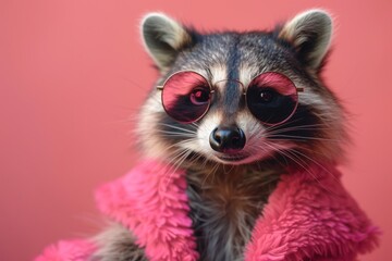 Obraz premium Glamorous raccoon in round pink glasses and a pink vest