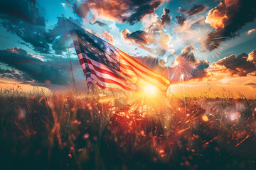 Patriotic sunset with american flag and fireworks