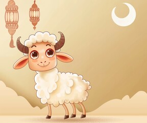 Adorable Sheep with Moon and Lantern Illustration for Eid Al Adha