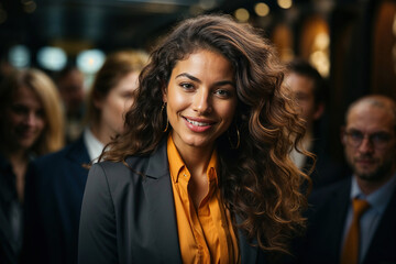 Woman in Suit and Tie Addressing Group of People. Generative AI