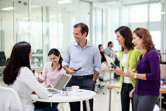 Group of business People Standing Around Table With Laptops. Generative AI
