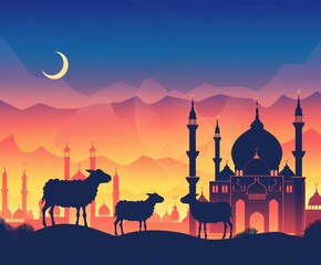 Eid Al Adha Sunset Scene with Mosque and Sheep Silhouettes