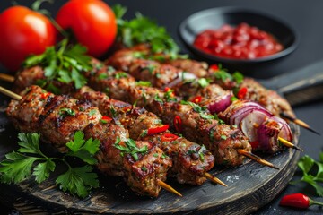 kebab with herbs and tomatoes, grilled meat skewers