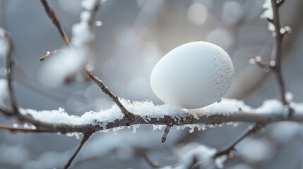 A solitary egg perched on a snow-covered branch.