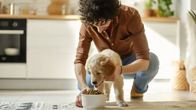 man owner feeding his puppy with care in cozy home, morning sunlight, pet care, love, food and home life.