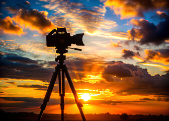 Big photo camera on the sunrise sky with the lens is facing forward
