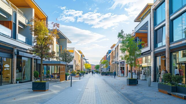 Modern multi-purpose business complex with shops, cafes, and office spaces in an urban environment