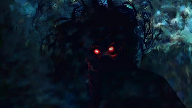 Dark Nightmarish Person Silhouette With Glowing Blinking Eyes