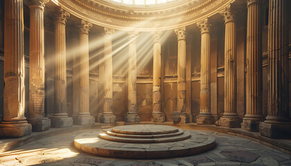 Obraz premium Luxurious ancient Roman colonnade with tall, intricately carved columns surrounding a central circular platform, bathed in dramatic light from above, showcasing grand and timeless architecture