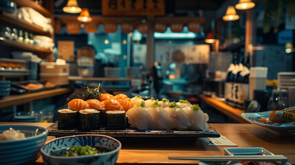 Various of sushi are served on the table in a dimly lit, modern Japanese restaurant.
