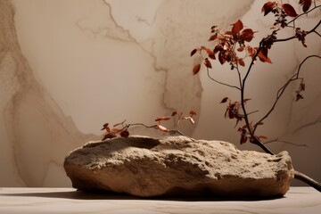 Rocky podium with branches and stones in beige shades. Mockup for product demonstration in the canyon