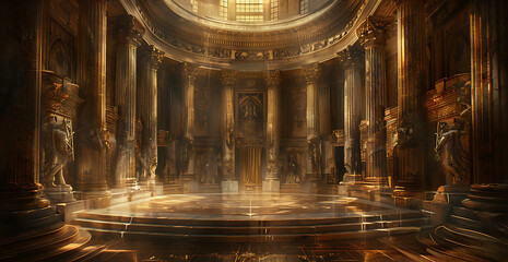 Obraz premium Opulent Roman setting with towering columns and a central circular stage, featuring detailed carvings and soft, ethereal lighting, capturing the grandeur and elegance of ancient architecture.