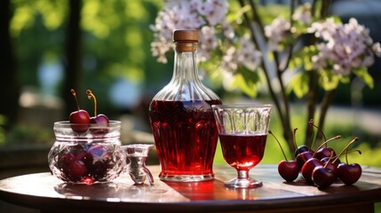 Cherry brandy in glasses and in a glass bottle on a wooden table in a summer garden.