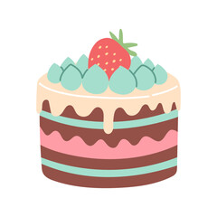 Simple birthday cake isolated on white. Flat cartoon design for postcards and stickers, birthday party invitation