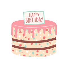 Simple birthday cake isolated on white. Flat cartoon design for postcards and stickers, birthday party invitation