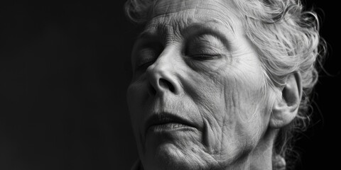 A black and white photo of a woman with her eyes closed. Suitable for various projects