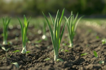 Watch fresh young onions sprouting and growing in a field on a sunny summer day at a farm. This video showcases the natural process of onion cultivation. Organic food. Growing leeks