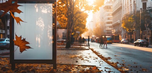 An empty poster frame on a bustling street corner, surrounded by autumn leaves and soft morning...