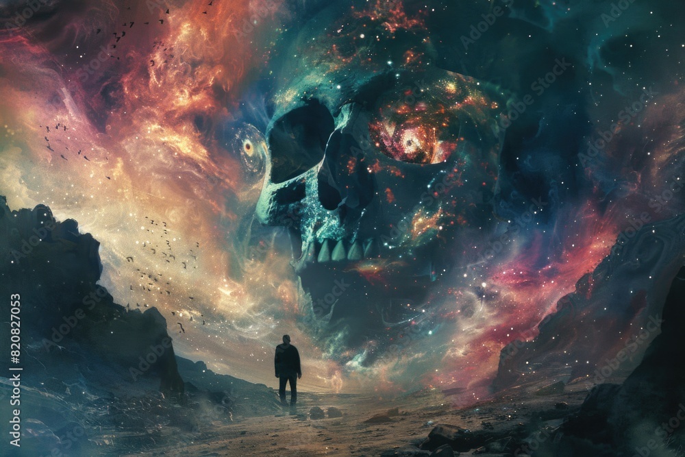 Poster a person standing in front of a vibrant and colorful sky. suitable for various concepts and designs