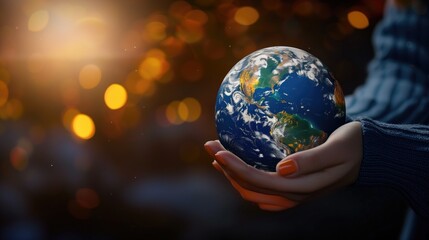 Human hand holding planet earth, blurry background with editable space.