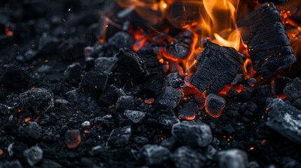 BBQ grill with glowing and flaming hot charcoal briquettes, close-up