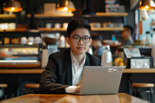 Businessman working on a laptop in a cafe with ambient lighting.