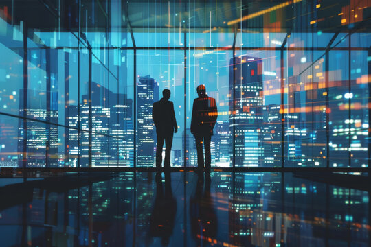 Silhouettes of two business people looking out of a high rise office building at the illuminated city at night