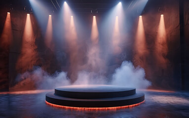 Night stage with a central black podium, enveloped in smoky mist and spotlighted from above, creating a dark, dramatic, and abstract atmosphere ideal for showcasing products.