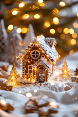 Festive gingerbread house with sparkling lights
