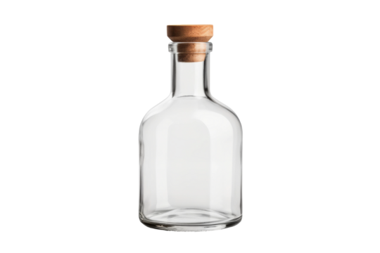 Enchanted Elixir: A Glass Bottle and Wooden Stopper on a White or Clear Surface PNG Transparent Background. - Powered by Adobe