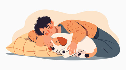 Man and cute dog sleeping in bed together. Sleepy per