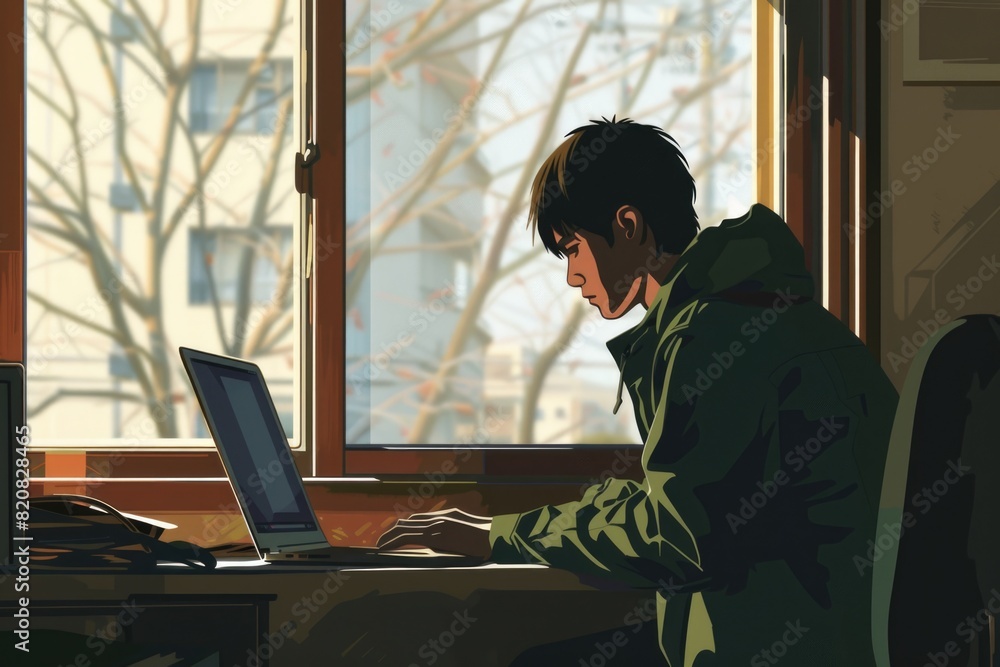 Aufkleber a man sitting in front of a laptop computer. can be used for technology or remote work concepts